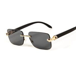 Men's Black Tint Rectangular Hip Hop Gold Frame Leopard Head Rimless Sunglasses